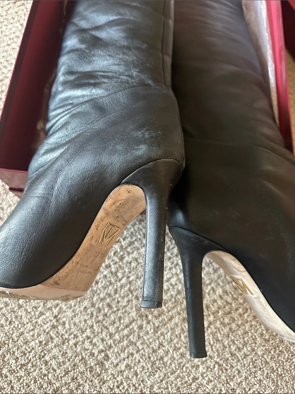Tamara Mellon Black Leather Knee-High Pointed-Toe Boots with Slim Heel